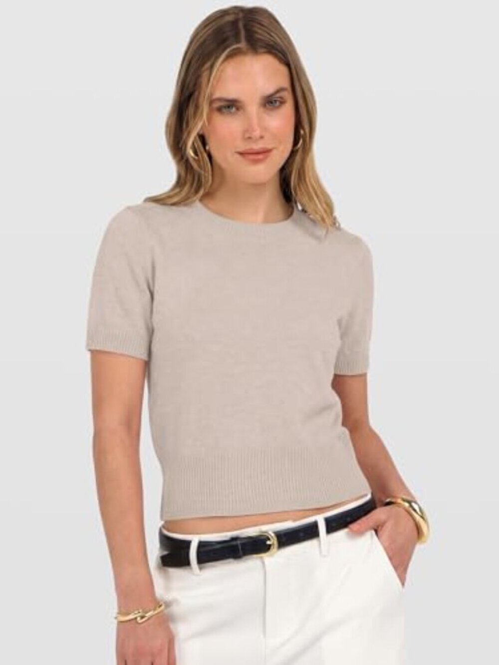 π Womens Short Sleeve Sweaters Cropped Crew Neck Business Casual Lightweight - Picture 2 of 7